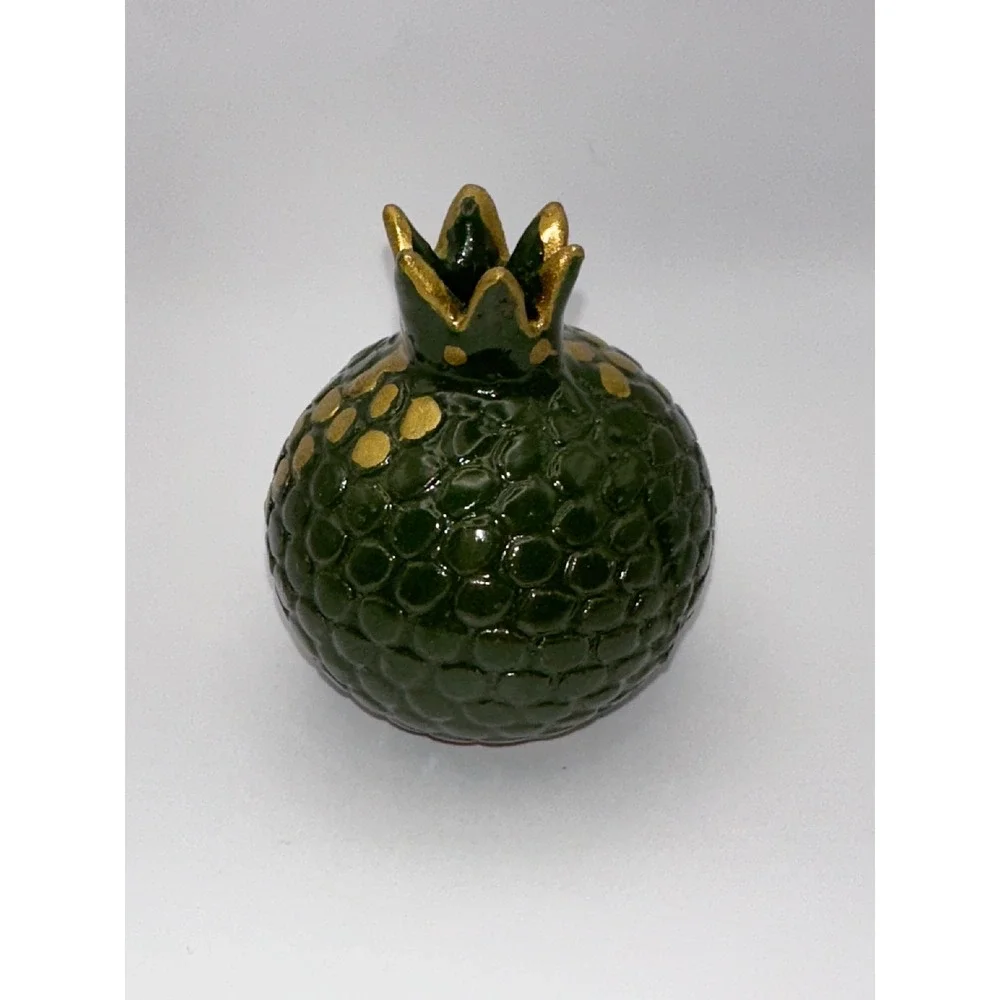Handmade Ceramic Pomegranate Bud Vase Green and Gold Textured Pottery Signed